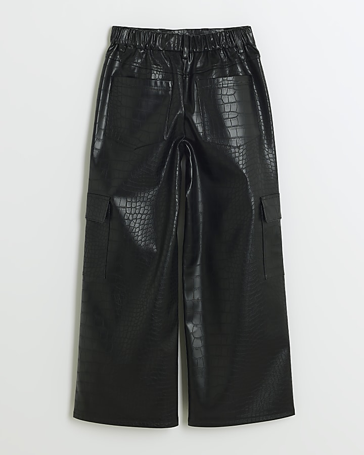 Girls black faux leather wide leg trousers