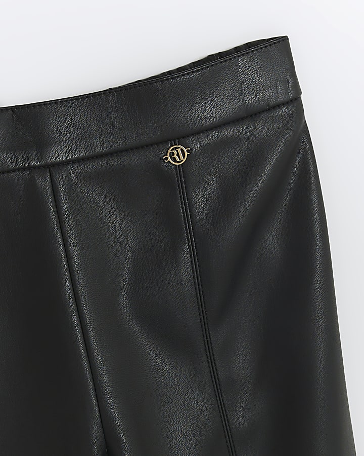 Girls black faux leather flared trousers