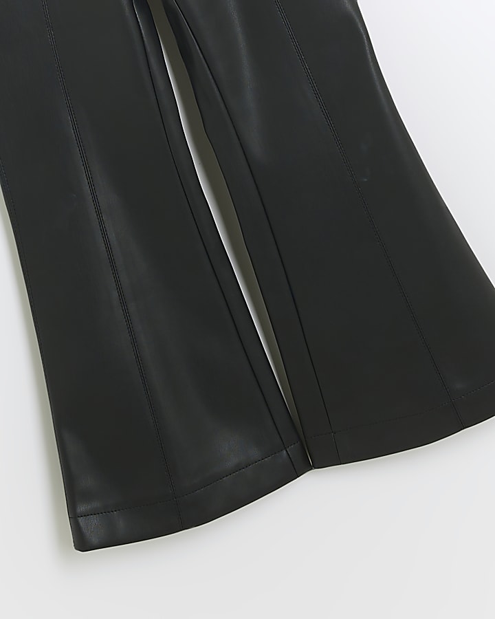 Girls black faux leather flared trousers