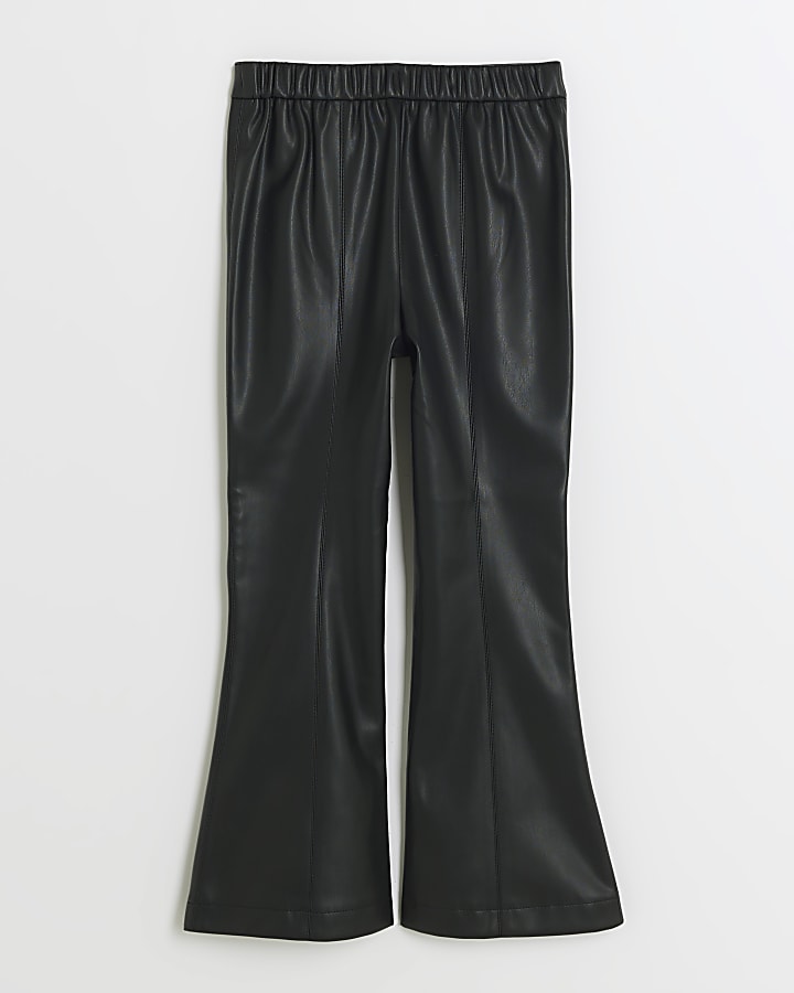 Girls black faux leather flared trousers