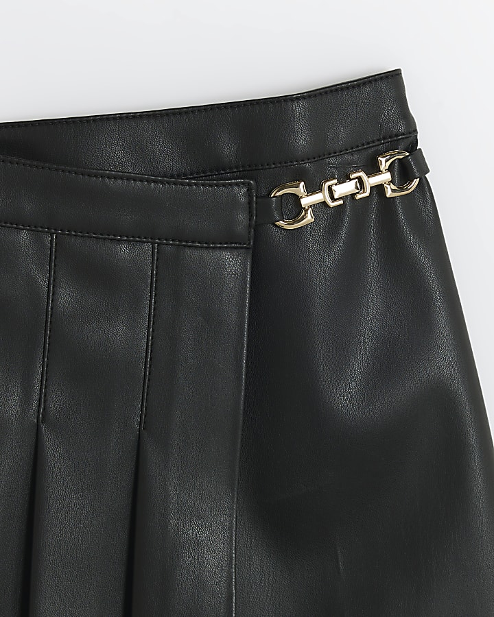 Girls black faux leather pleated wrap skirt