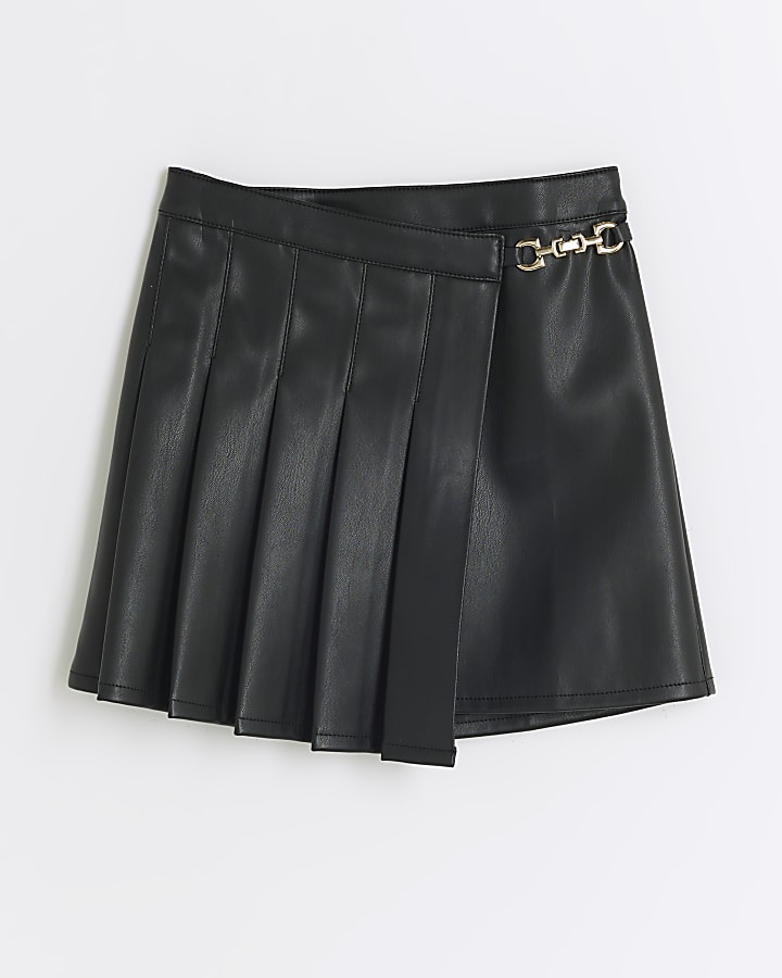 Girls black faux leather pleated wrap skirt