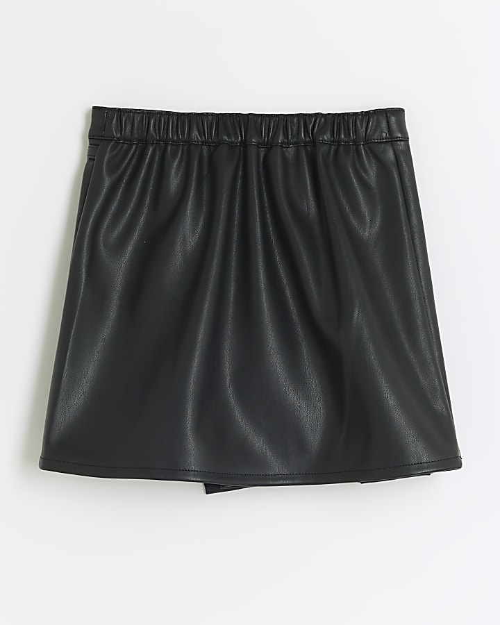 Girls black faux leather pleated wrap skirt