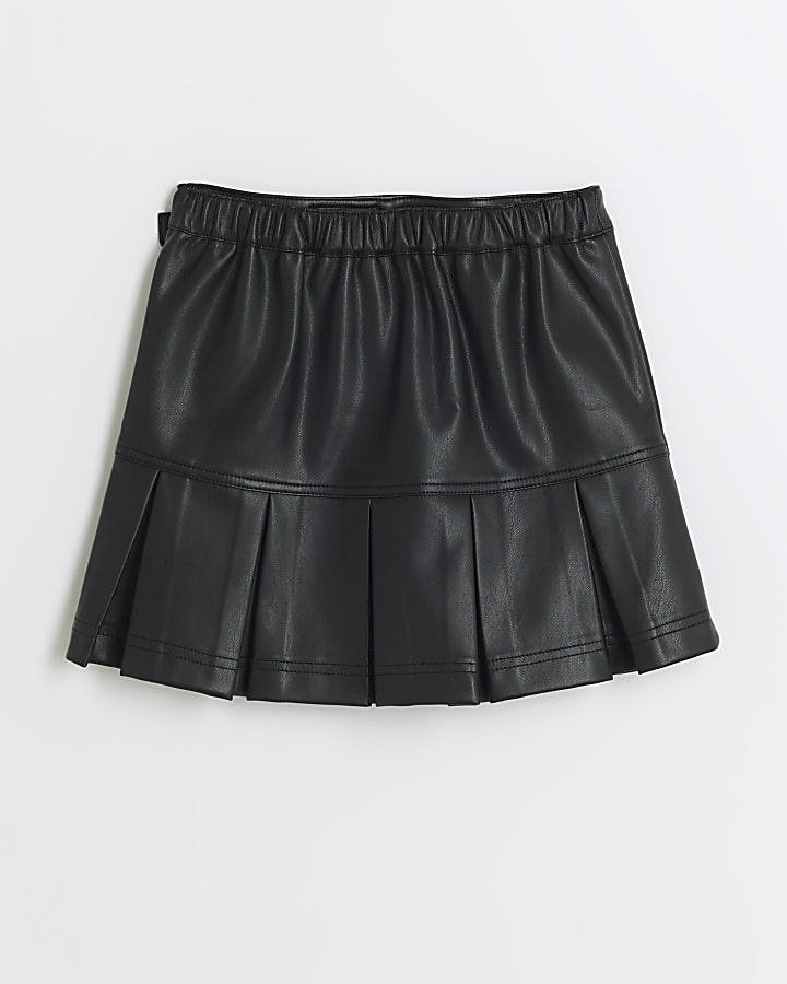 Girls Black Faux Leather Buckle Pleated Skirt