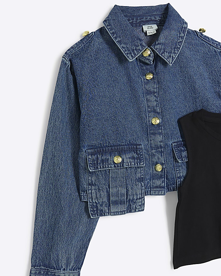 Girls blue denim cropped jacket 3 piece set