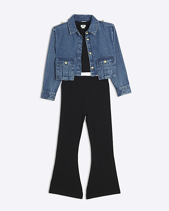 Girls blue denim cropped jacket 3 piece set