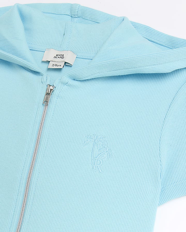 Girls Blue Ribbed Zip Up Hoodie Set