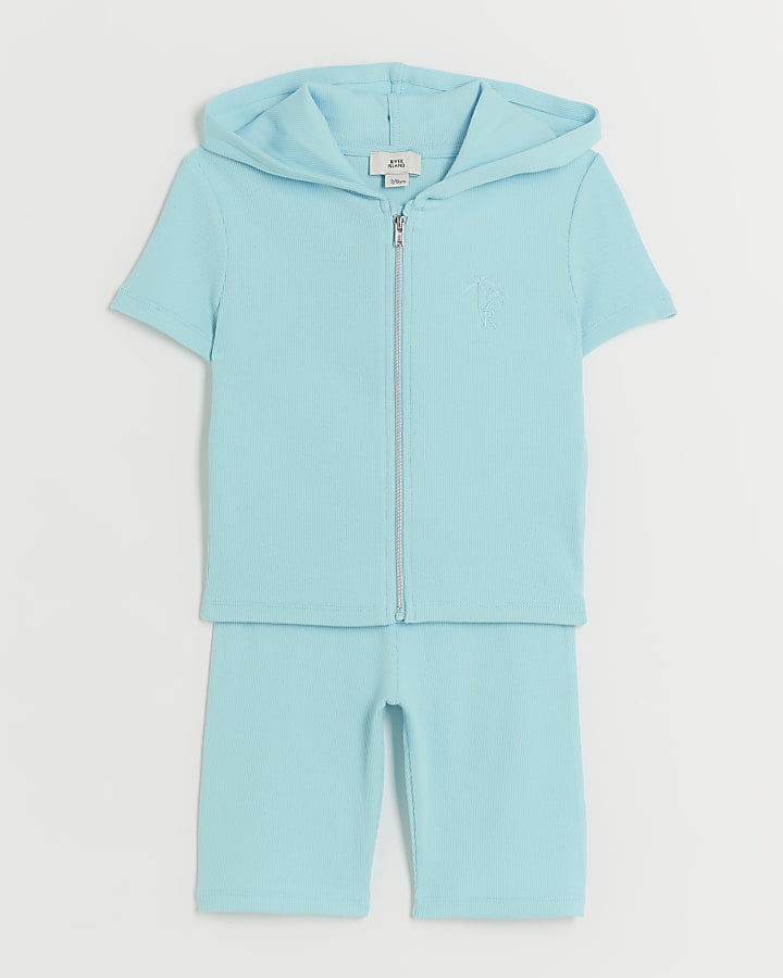 Girls Blue Ribbed Zip Up Hoodie Set