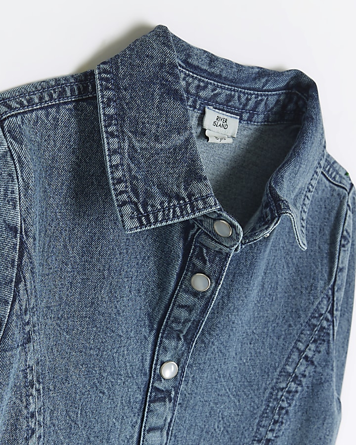 Girls blue pleated denim shirt dress