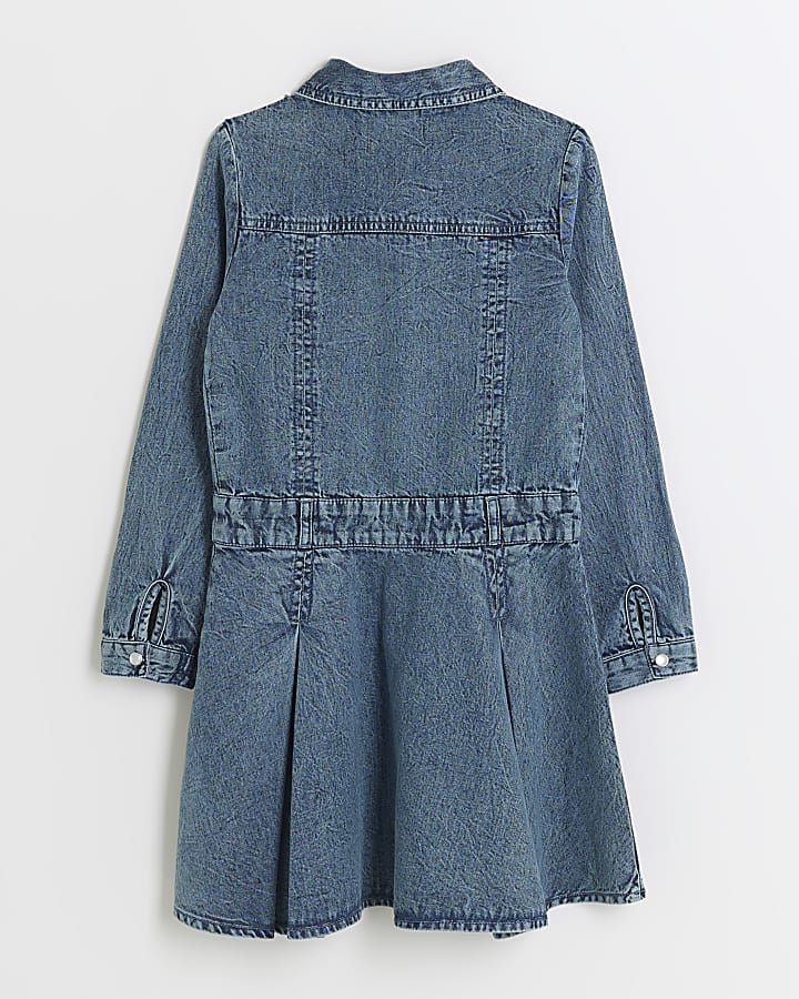 Girls blue pleated denim shirt dress