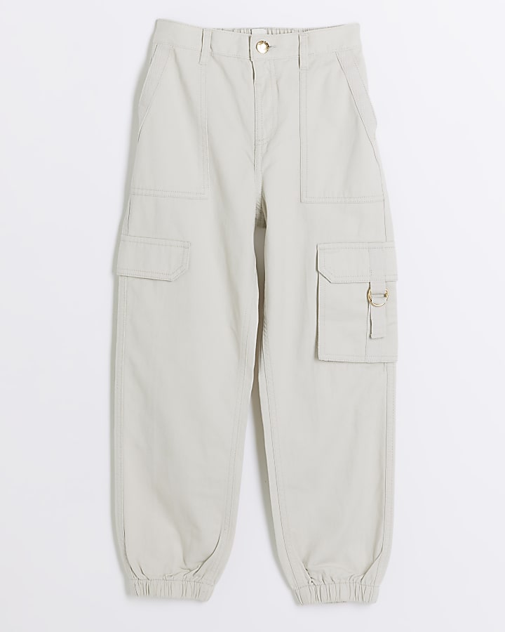 Girls beige herringbone cargo trousers