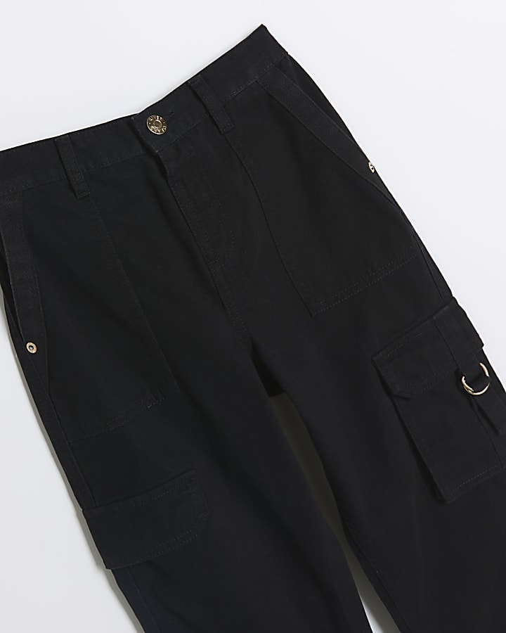 Girls black herringbone cargo trousers