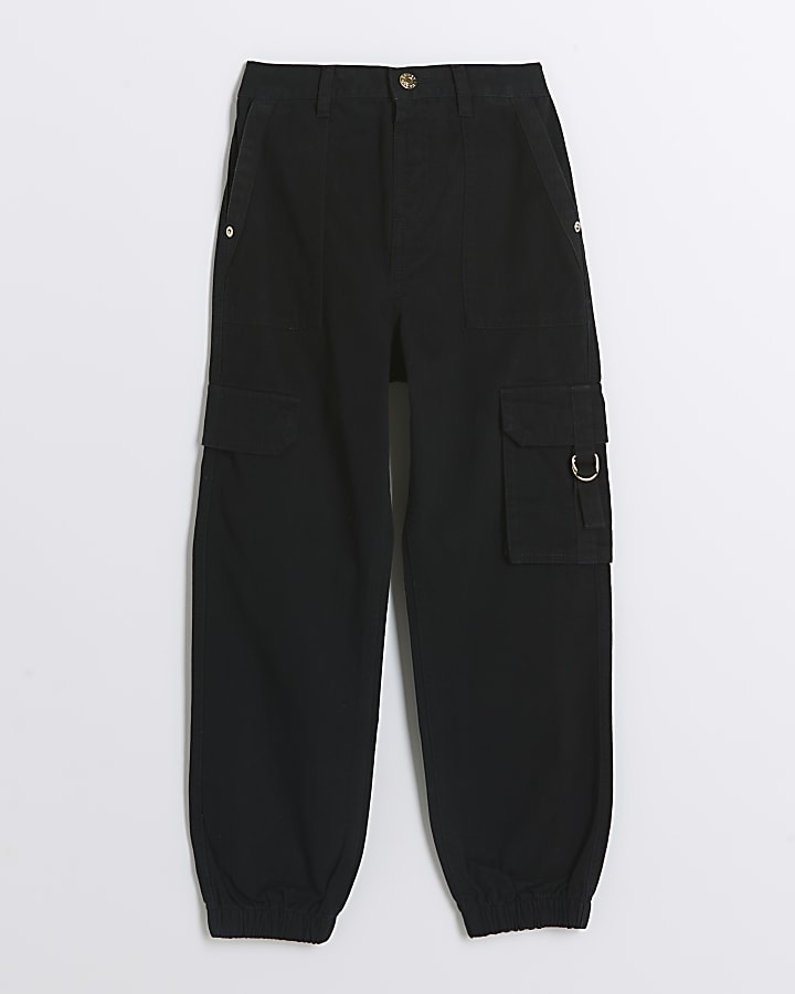 Girls black herringbone cargo trousers