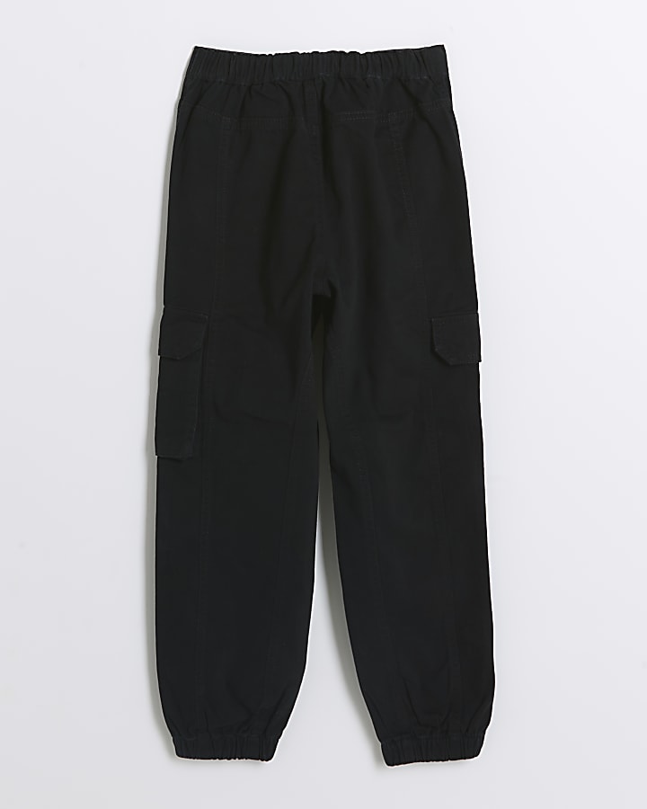 Girls black herringbone cargo trousers