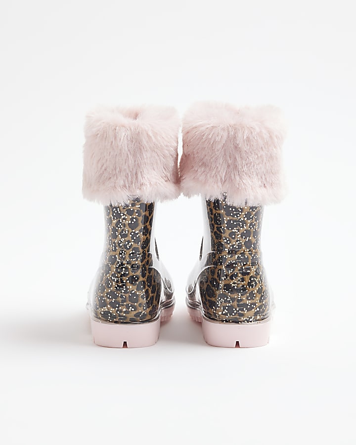 Mini Girls Pink Faux Fur Leopard Wellies