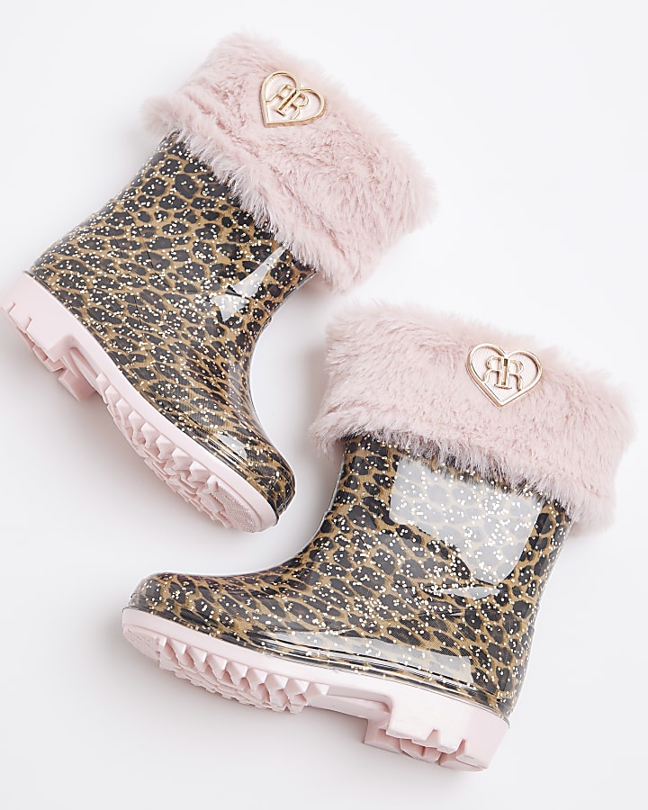 Mini Girls Pink Faux Fur Leopard Wellies