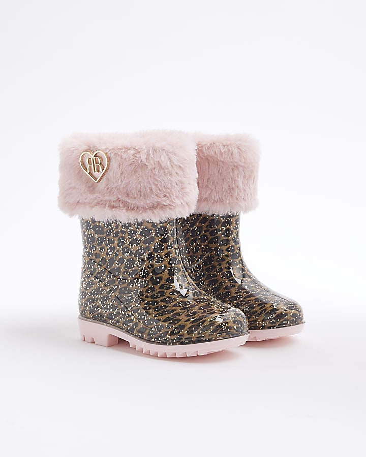 Mini Girls Pink Faux Fur Leopard Wellies