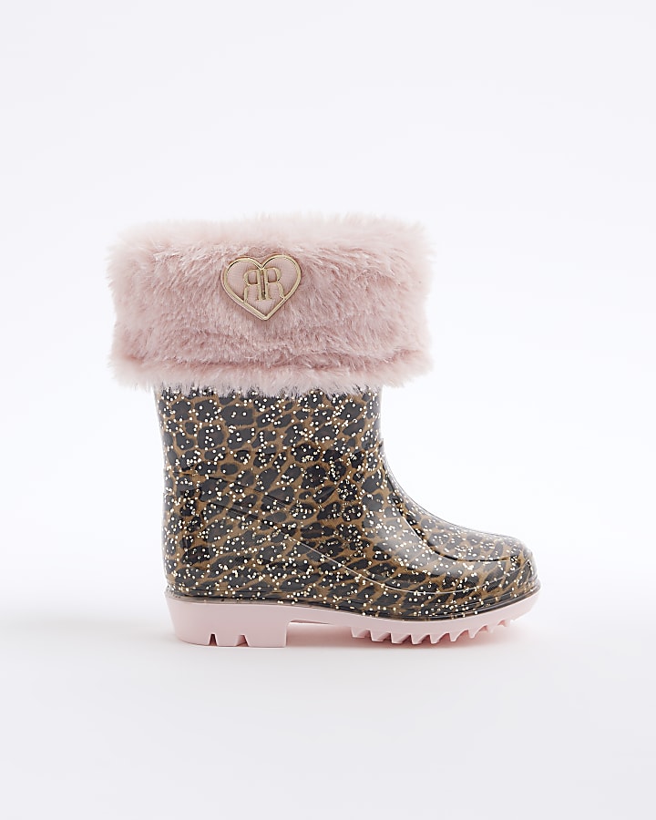 Mini Girls Pink Faux Fur Leopard Wellies