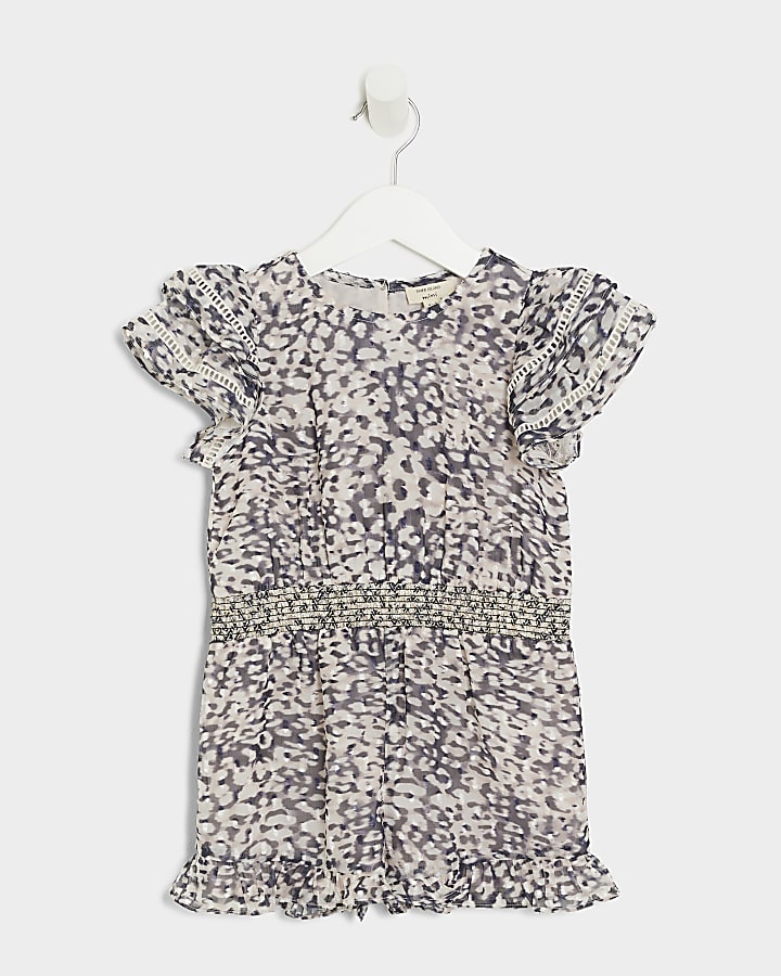 Mini girls beige chiffon leopard playsuit