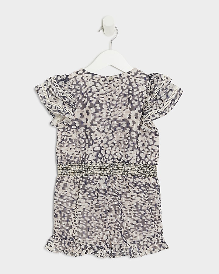 Mini girls beige chiffon leopard playsuit