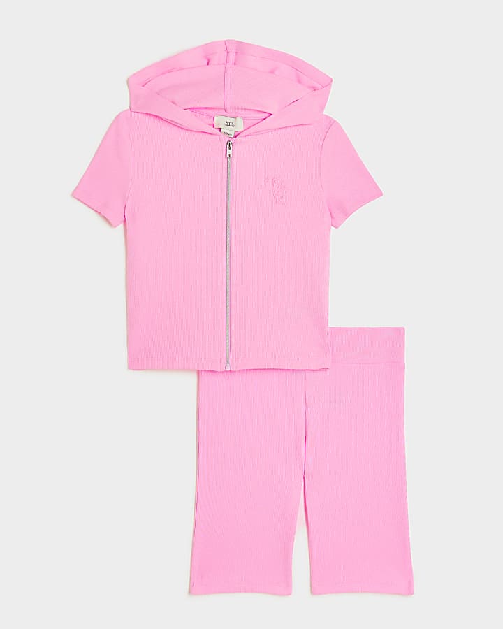 Girls pink ribbed zip up hoodie set River Island