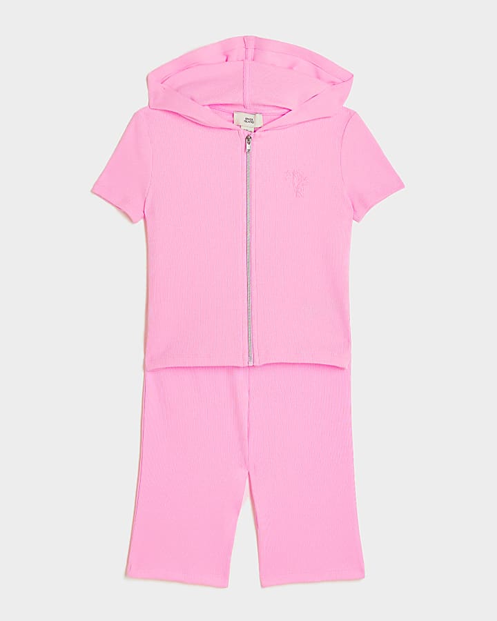 Girls pink ribbed zip up hoodie set