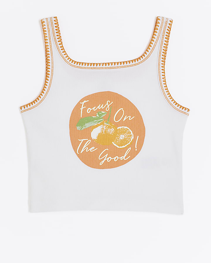 Girls white graphic stitched tank top