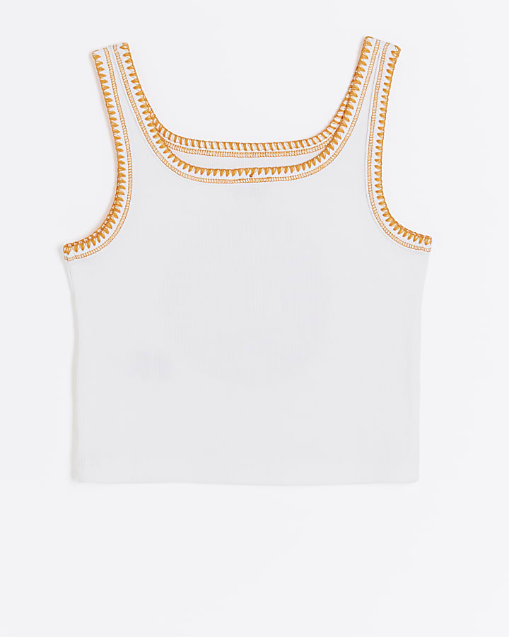 Girls white graphic stitched tank top