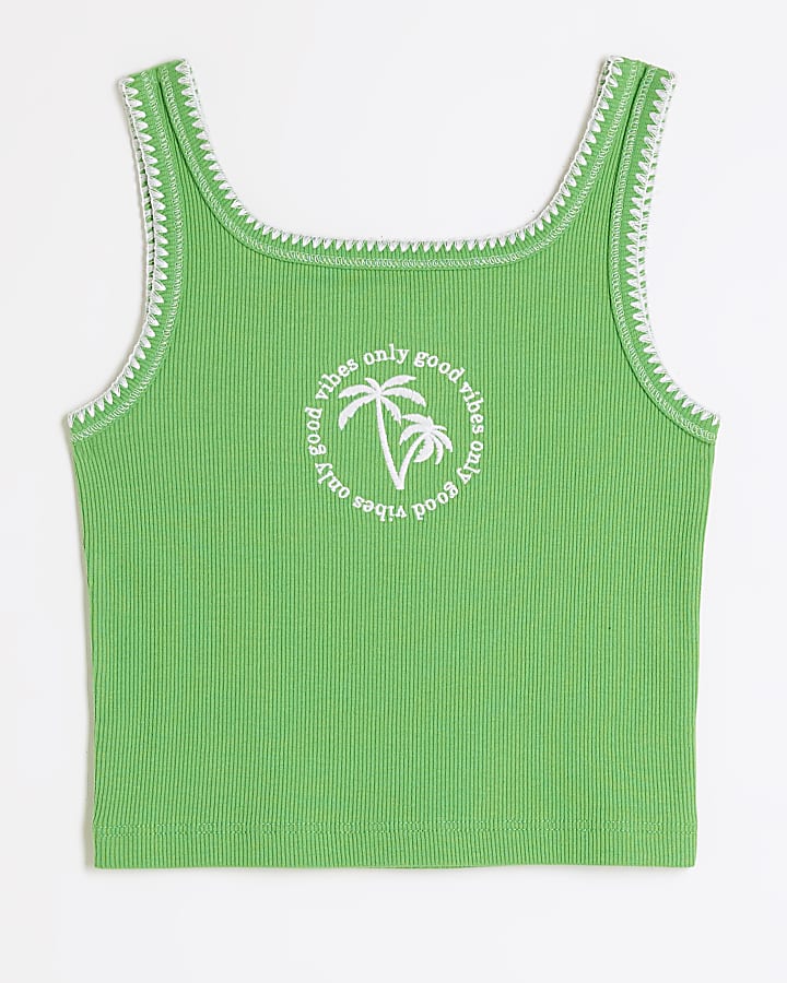 Girls green embroidered stitched tank top