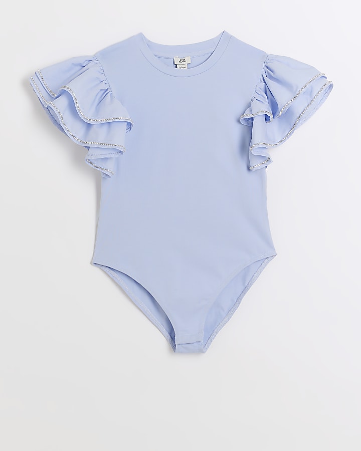 Girls blue rhinestone frill bodysuit