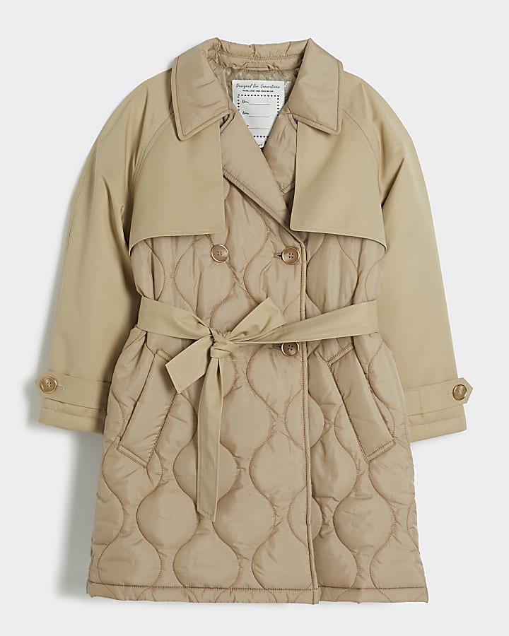 Girls Beige Quilted Trench Coat