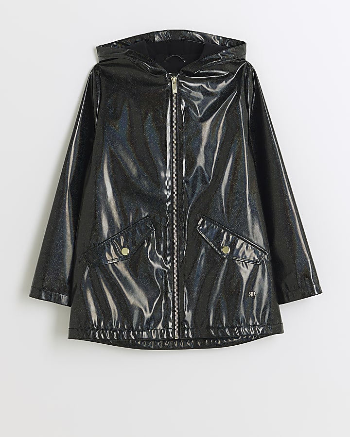 Girls black glitter hooded rain coat River Island