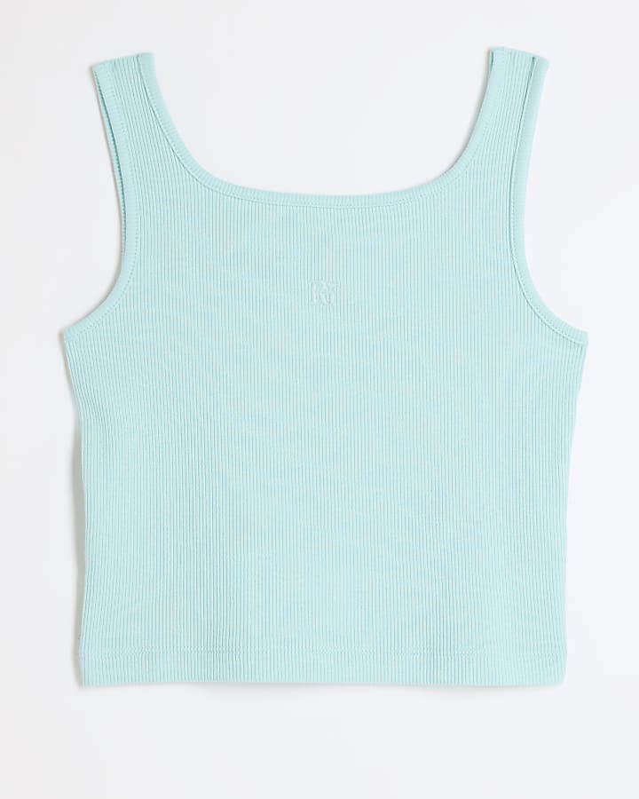 Girls Blue Ribbed Embroidered Logo Crop Vest