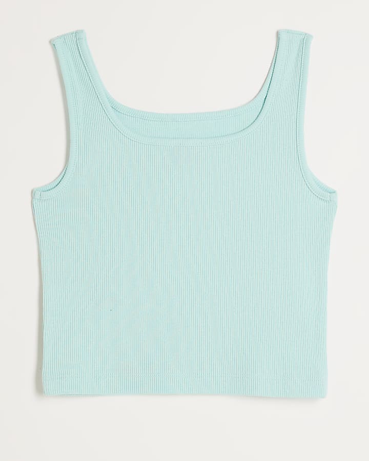 Girls Blue Ribbed Embroidered Logo Crop Vest