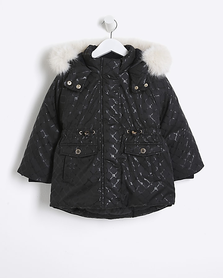 Mini girls black faux fur trim padded coat hotsell