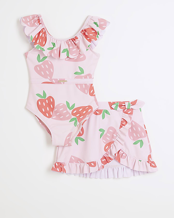 Mini girls pink strawberry frill swimsuit set River Island