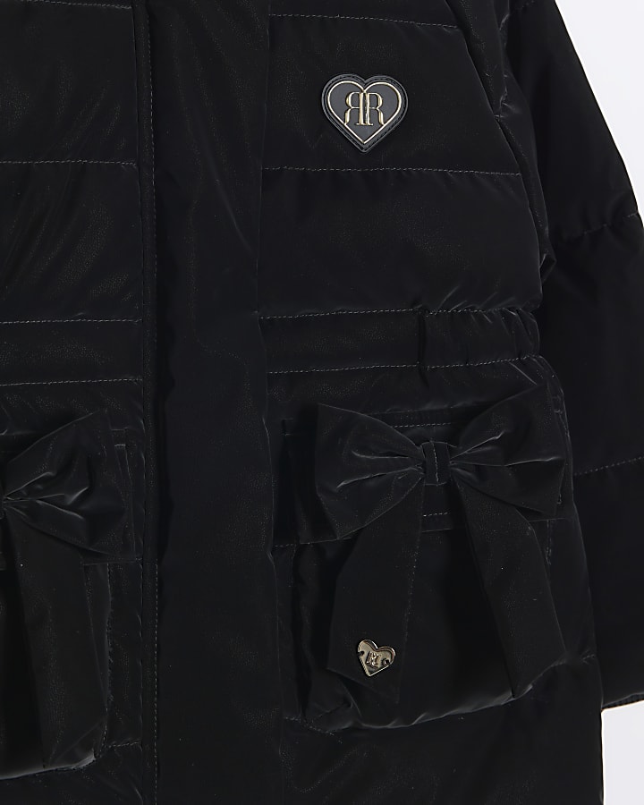 Mini girls black padded bow hooded jacket