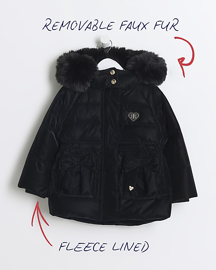 Mini girls black padded bow hooded jacket