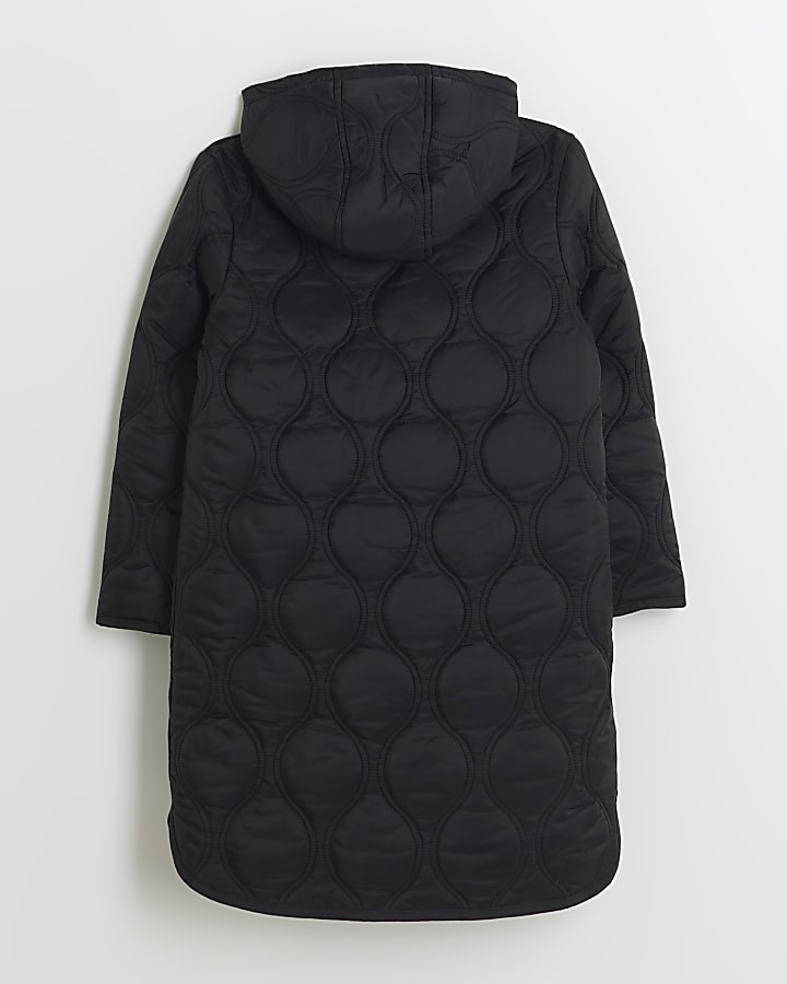 Girls black hooded longline padded jacket