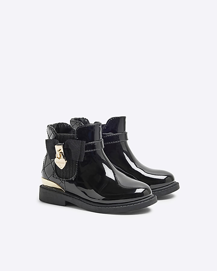 Mini Girls Black Patent Bow Riding Boots