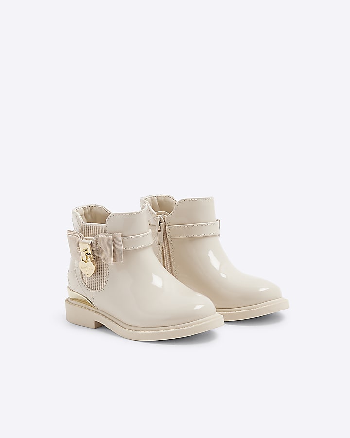 Mini Girls Cream RI Patent Bow Padlock Boots