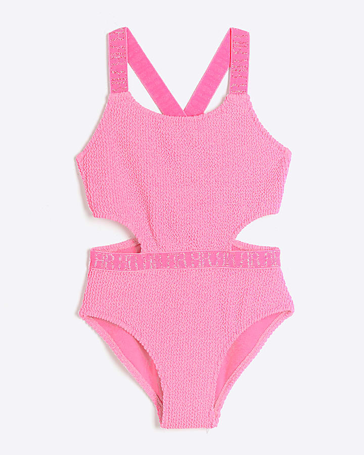 Girls pink textured cut out swimsuit River Island