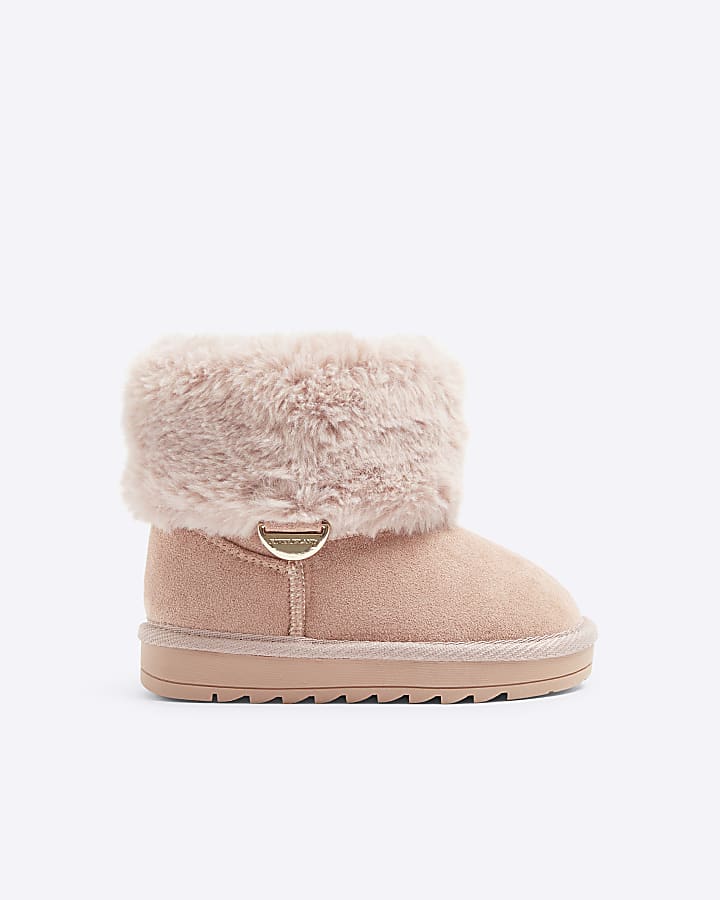 Mini girls pink faux fur lined booties River Island