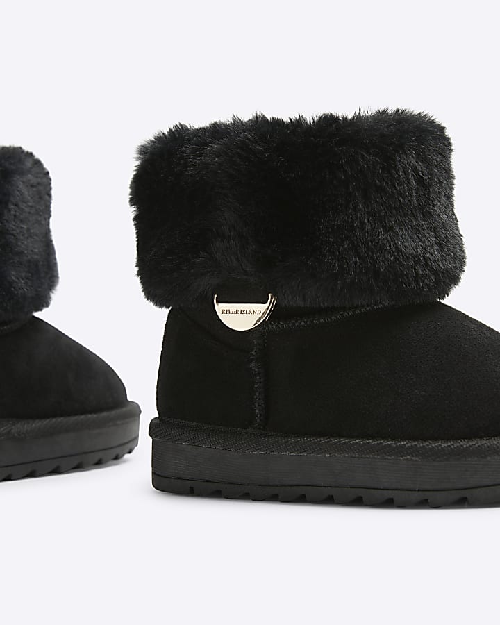 Mini girls black faux fur lining boots