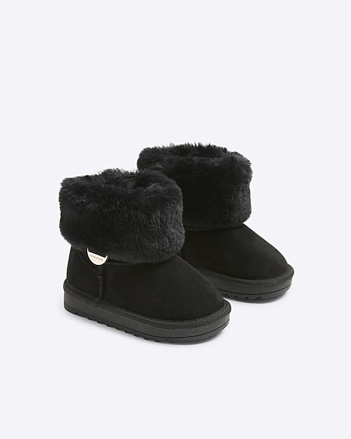 Mini girls black faux fur lining boots