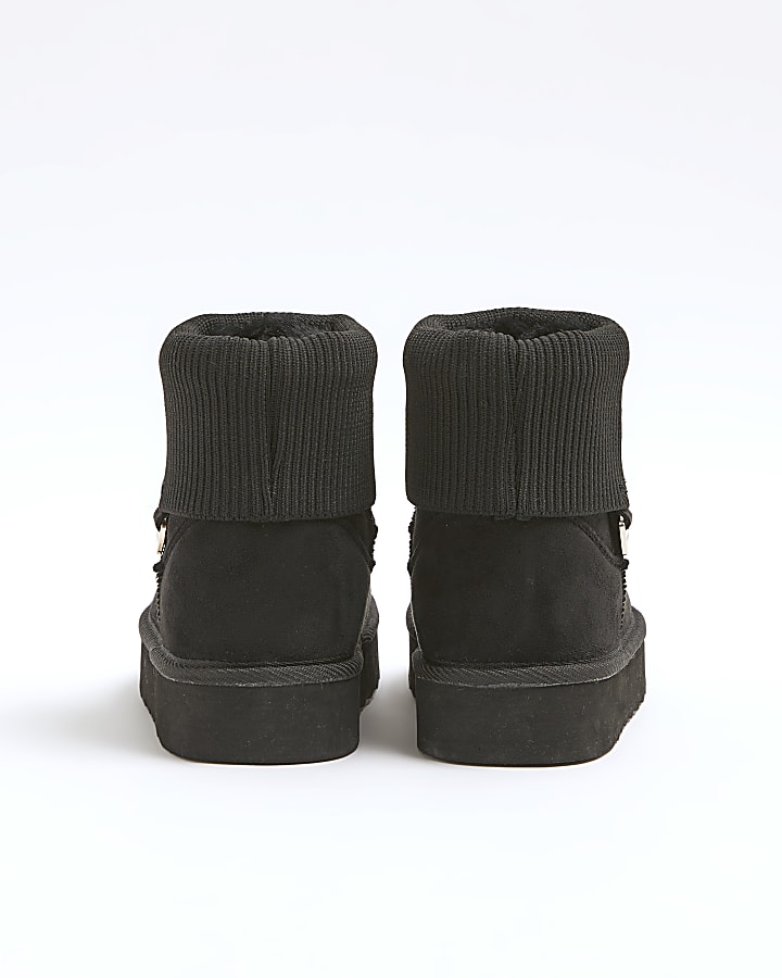 Girls black ribbed knit faux fur lined boots