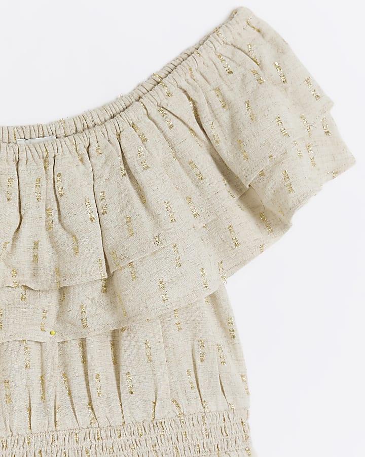 Girls stone linen blend bardot dress