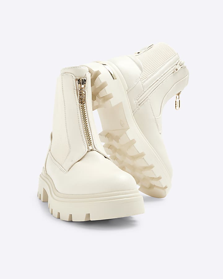 Girls Cream Zip Front Chelsea Boots