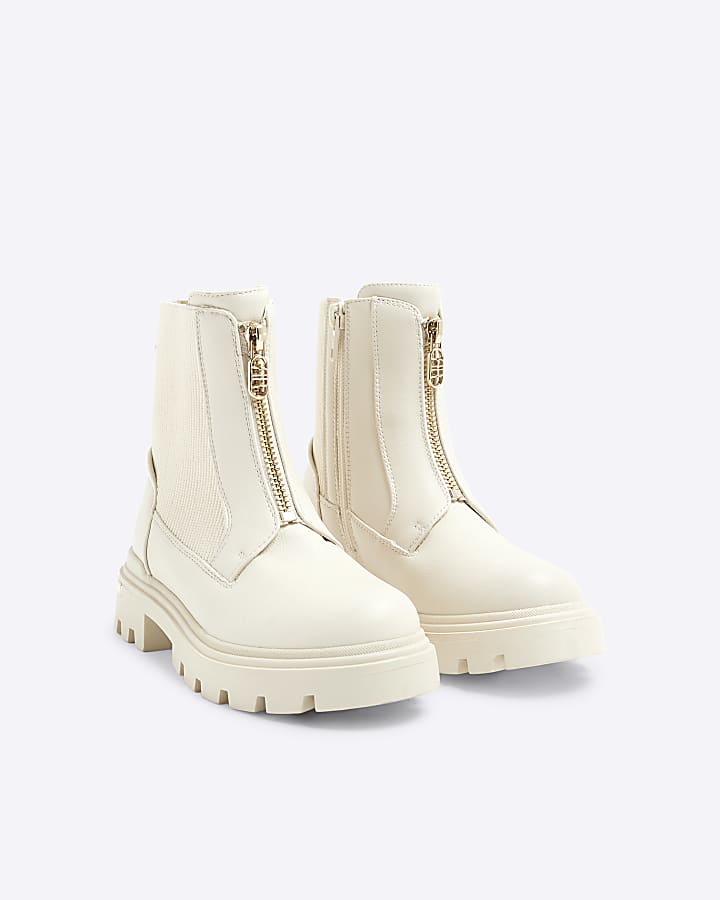 Girls Cream Zip Front Chelsea Boots