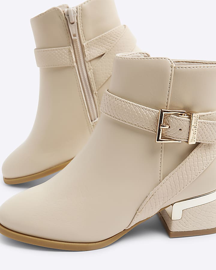 Girls Cream Heeled Ankle Boot